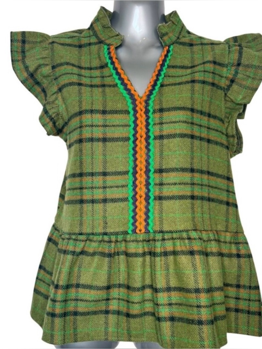 VOY Plaid Peplum Blouse Wool Blend Boho Folk Cottagecore Top Size S